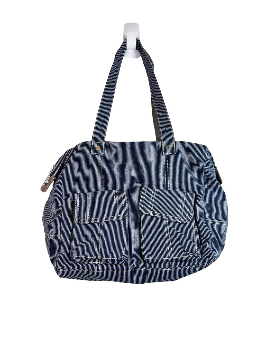 Thirty One Casual Cargo Tote Shoulder Bag Purse Railroad Denim Pinstriped Travel